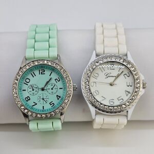 2X Women's Watch 38MM Aqua White‎ Dial Plastic Bands Crystal Bezel New Battery